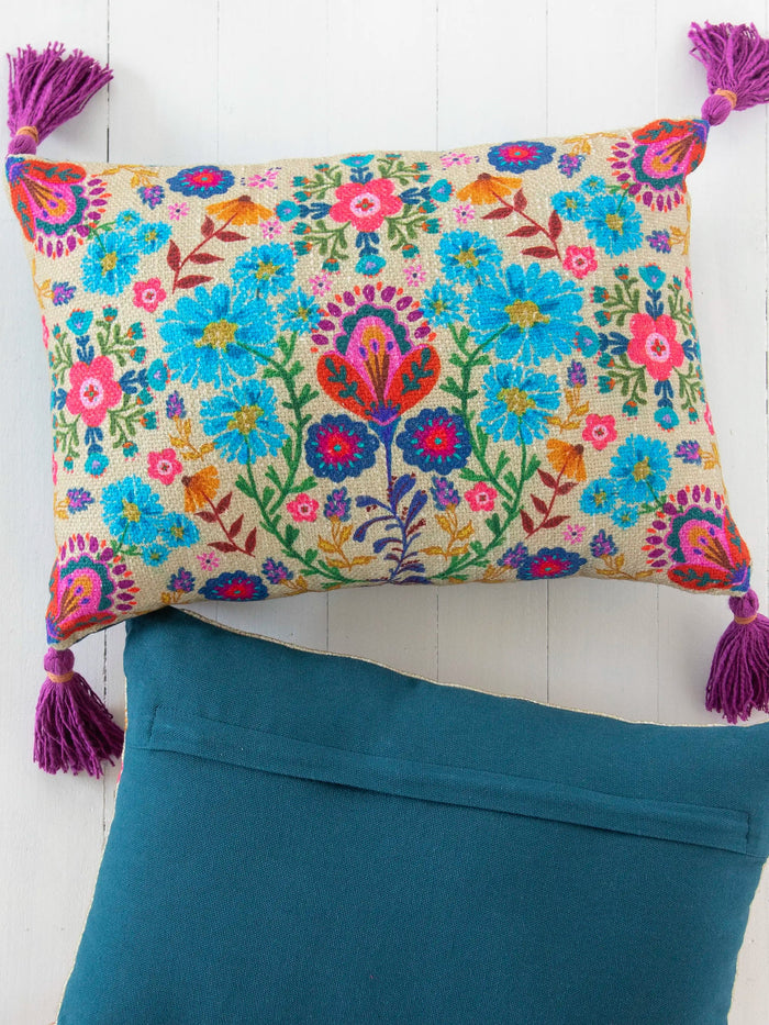 Boho Cotton Tassel Pillow - Cream Folk Flower