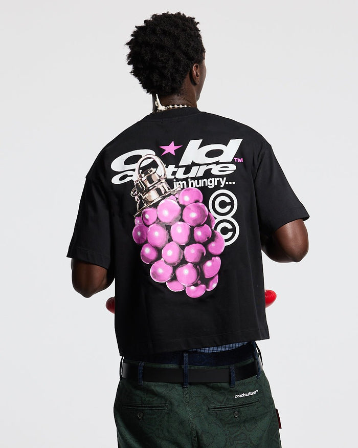 BOOM TEE BLACK - black graphic print tee, back view on male model - Cold Culture #man