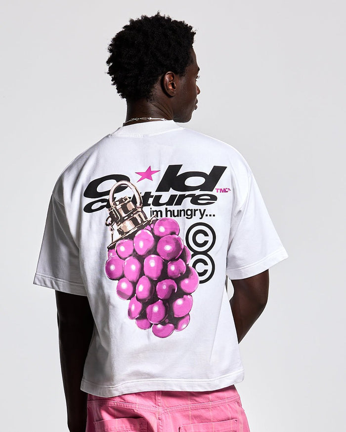 BOOM TEE WHITE - white graphic print tee, back view on male model - Cold Culture #man