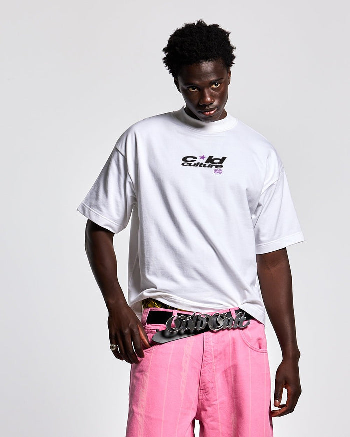 BOOM TEE WHITE - white graphic print tee, front view on male model - Cold Culture #man