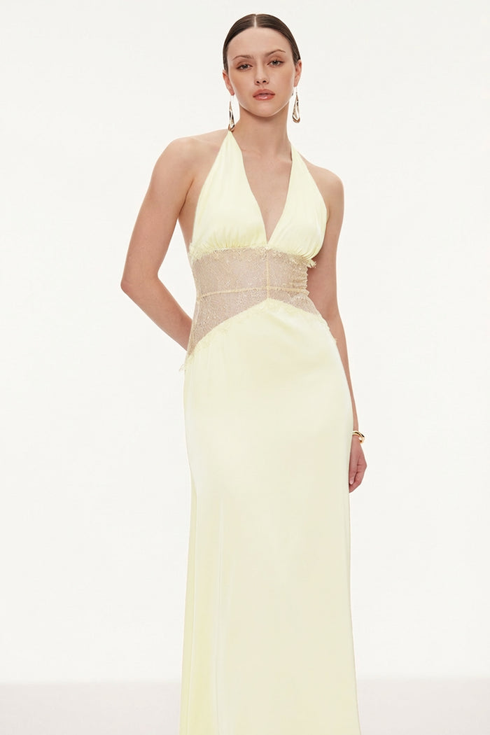 Bowie Lace Plunge Backless Maxi Dress In Butter Yellow