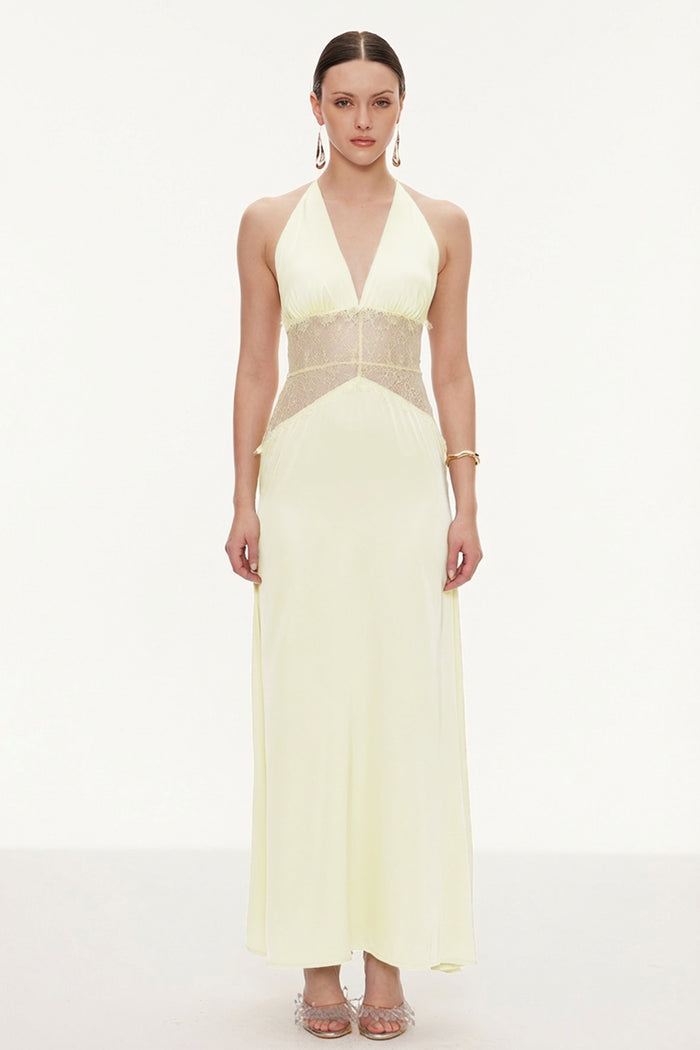 Bowie Lace Plunge Backless Maxi Dress In Butter Yellow