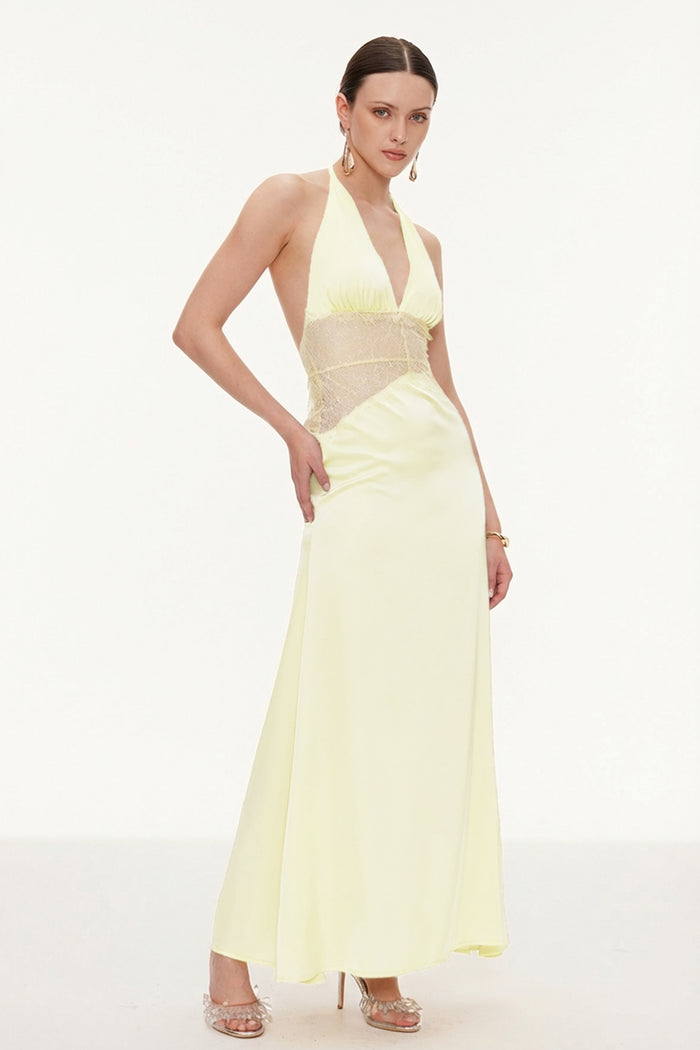 Bowie Lace Plunge Backless Maxi Dress In Butter Yellow