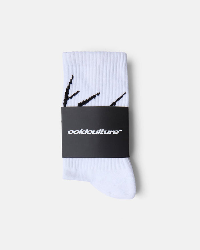 BRAMBLES SOCKS WHITE/BLACK - white graphic print socks, flat lay - Cold Culture