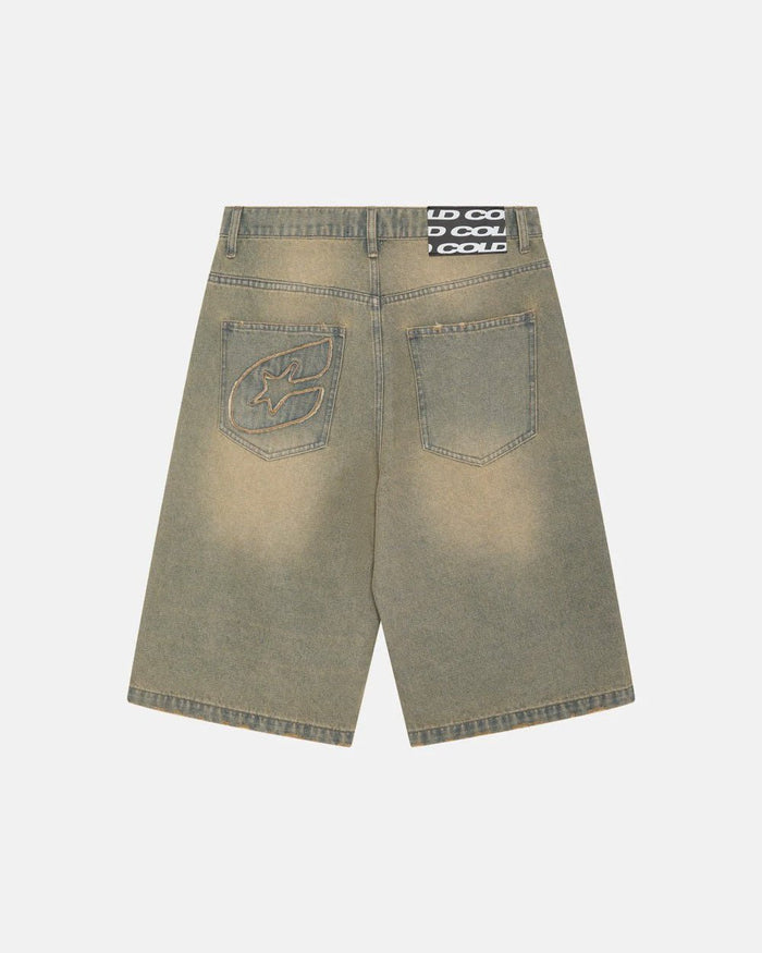 C V2 DIRTY DENIM SHORTS - washed denim shorts, back view - Cold Culture