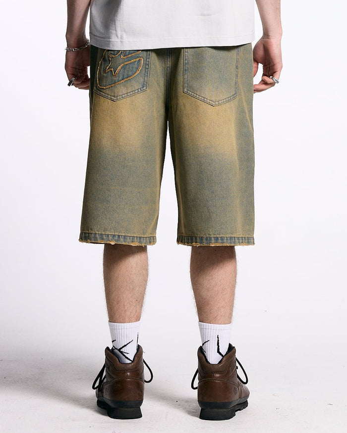 C V2 DIRTY DENIM SHORTS - washed denim shorts, back view on male model - Cold Culture #man