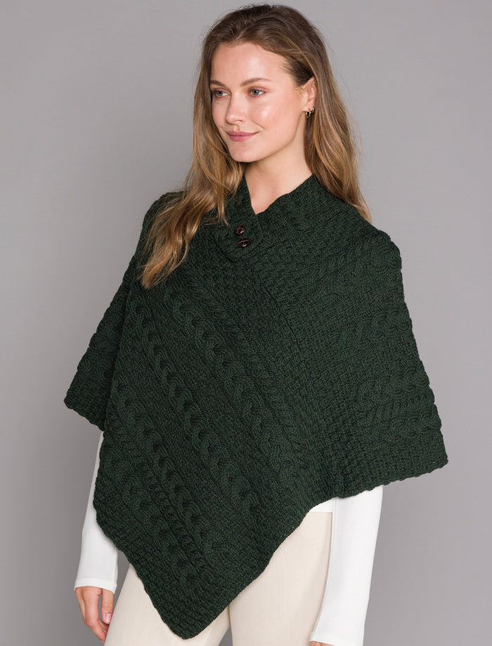 Cable Poncho with Aran Button Detail - Army Green #color_army-green