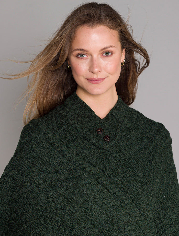 Cable Poncho with Aran Button Detail - Army Green #color_army-green