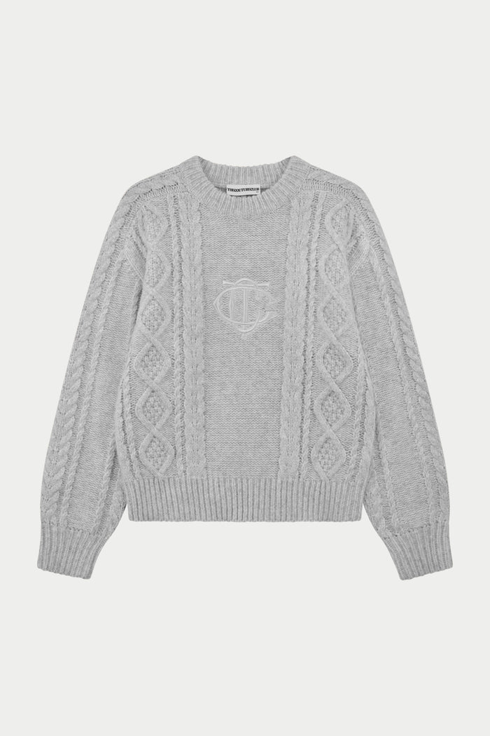 CABLE KNIT EMBROIDERED EMBLEM JUMPER - GREY MARL