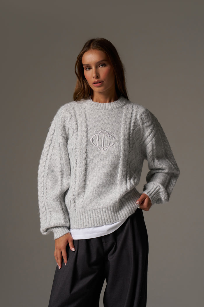 CABLE KNIT EMBROIDERED EMBLEM JUMPER - GREY MARL