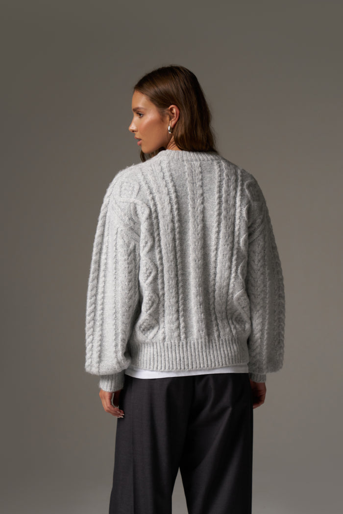 CABLE KNIT EMBROIDERED EMBLEM JUMPER - GREY MARL