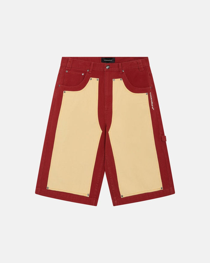 CARPENTER PANELS SHORTS BURGUNDY AND VANILLE - burgundy and cream carpenter shorts, front view - Cold Culture