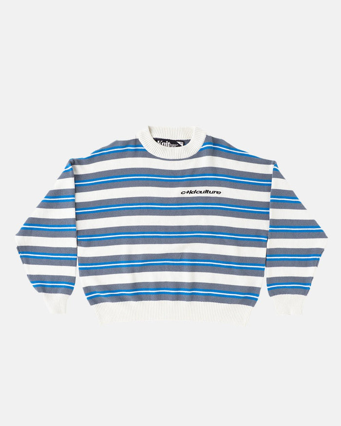 CASINO STRIPES KNIT WHITE MIST - white striped knit sweater, front view - Cold Culture