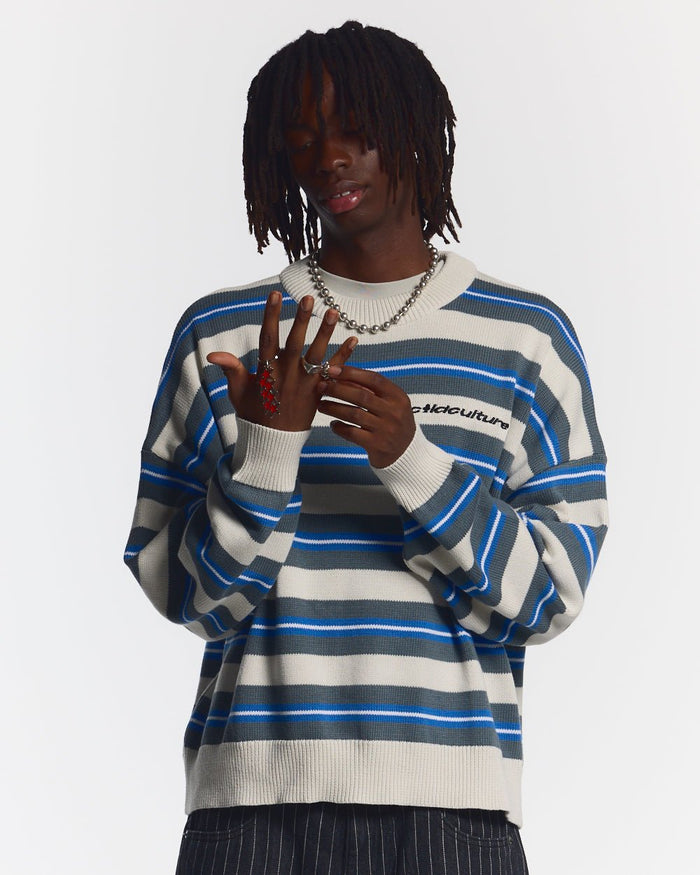 CASINO STRIPES KNIT WHITE MIST - white striped knit sweater, front view on male model - Cold Culture #man