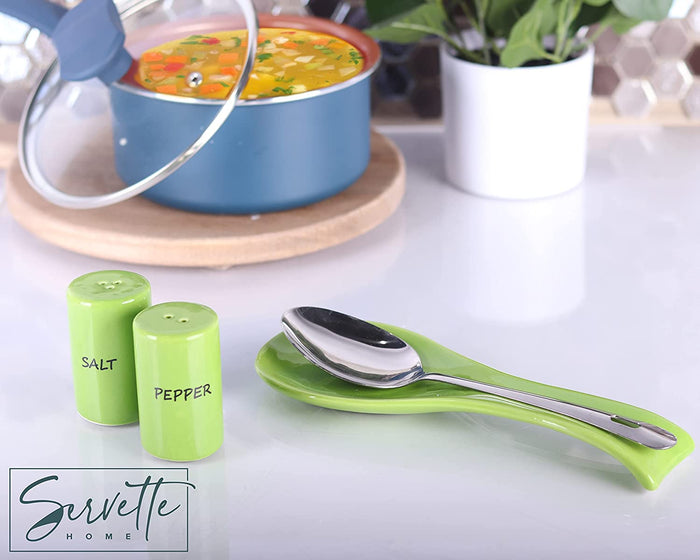Ceramic Spoon Rest & Salt and Pepper Shakers Set - Green