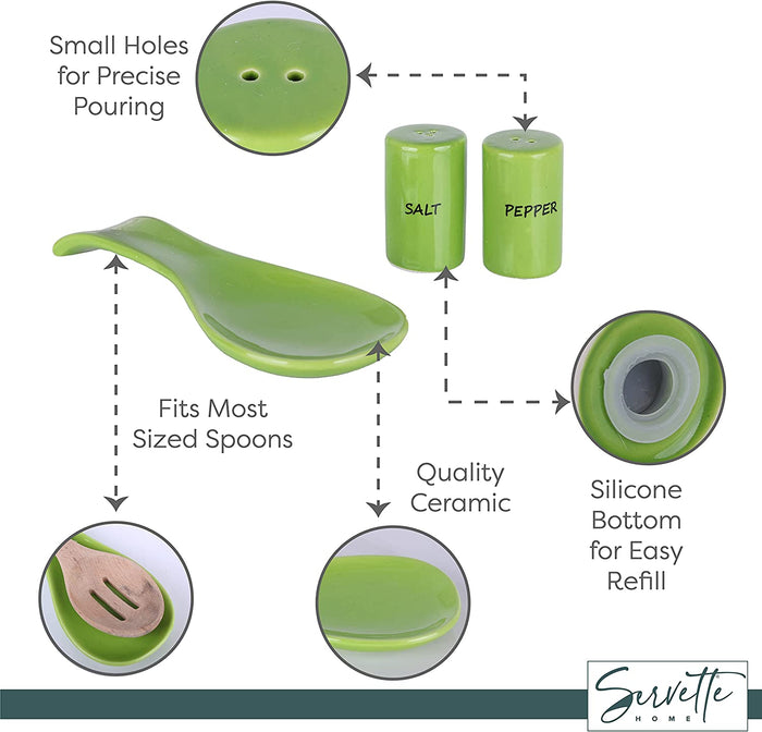 Ceramic Spoon Rest & Salt and Pepper Shakers Set - Green