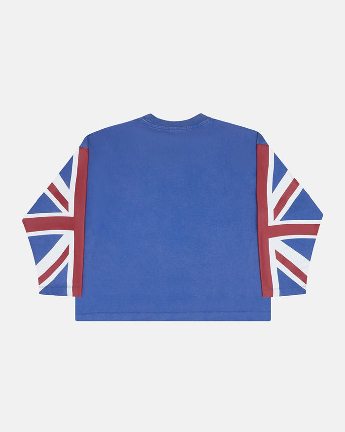 CHEERS LONGSLEEVE ROYAL - royal blue flag print longsleeve tee, back view - Cold Culture
