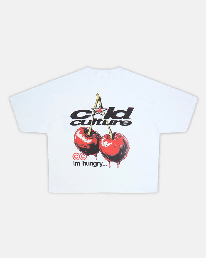 CHERRY TEE WHITE - white graphic print tee, back view - Cold Culture
