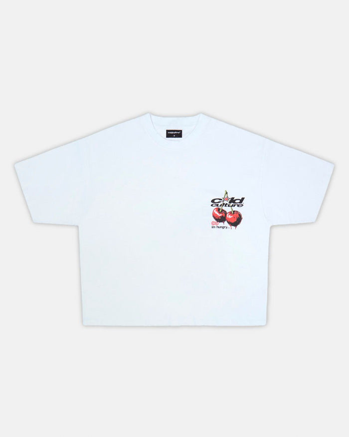 CHERRY TEE WHITE - white graphic print tee, front view - Cold Culture