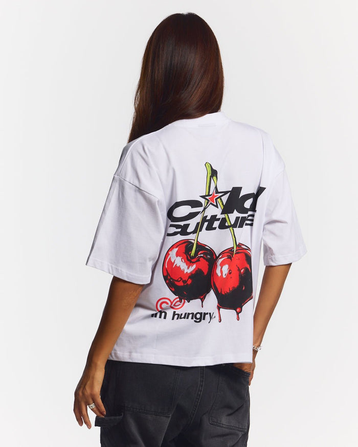 CHERRY TEE WHITE - white graphic print tee, back view on female model - Cold Culture #woman