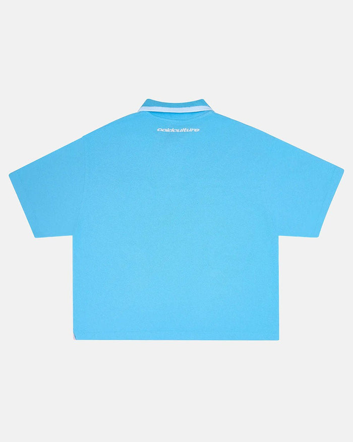 COCKY POLO BLUE - blue graphic print polo shirt, back view - Cold Culture