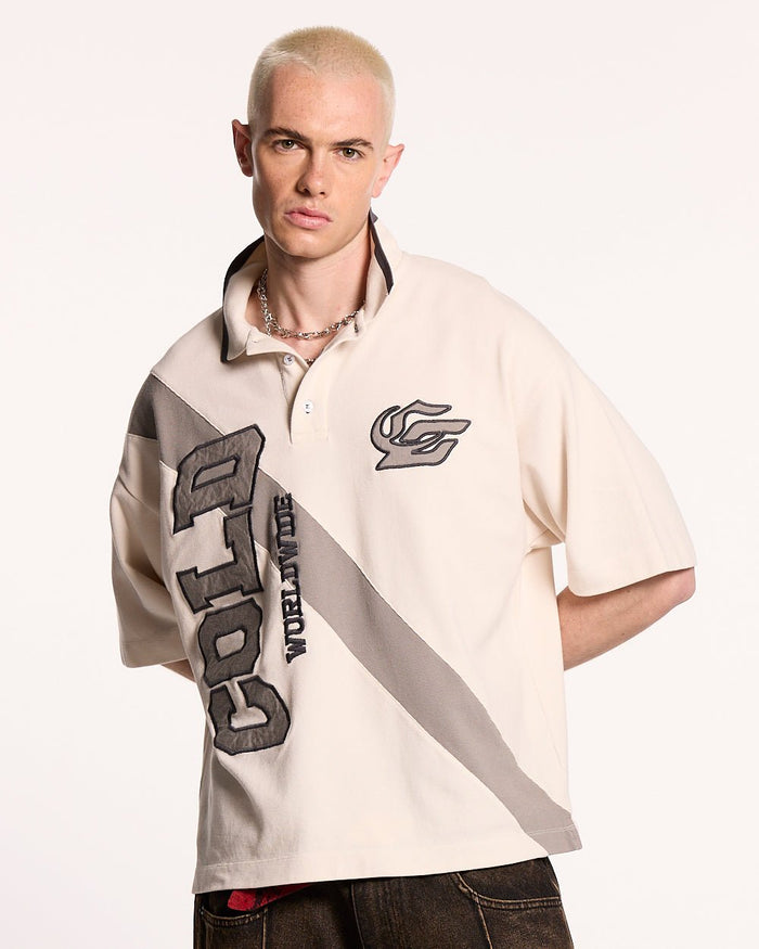 COCKY POLO GREY - grey graphic print polo shirt, front view on male model - Cold Culture #man