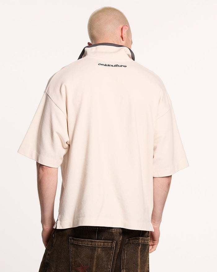 COCKY POLO GREY - grey graphic print polo shirt, back view on male model - Cold Culture #man