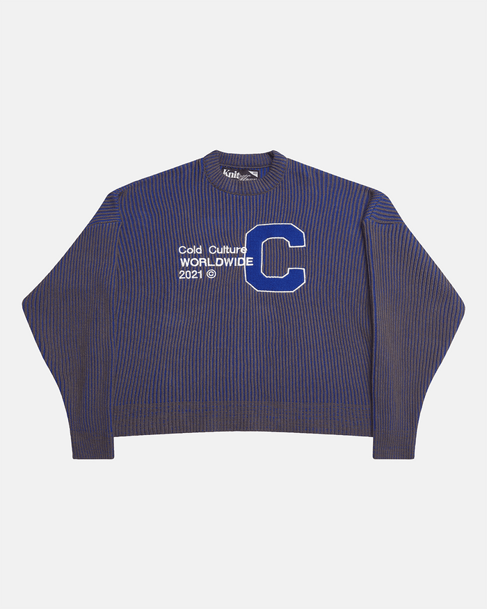 COLD UNIVERSITY KNIT DARK BLUE - dark blue ribbed knit sweater, front view - Cold Culture