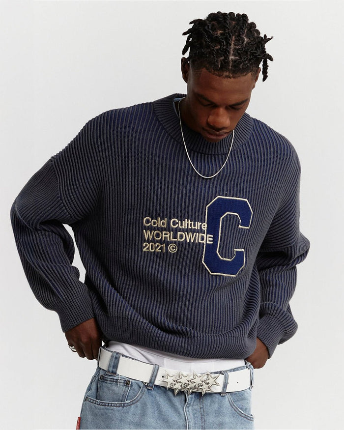 COLD UNIVERSITY KNIT DARK BLUE - dark blue ribbed knit sweater, front view on male model - Cold Culture #man