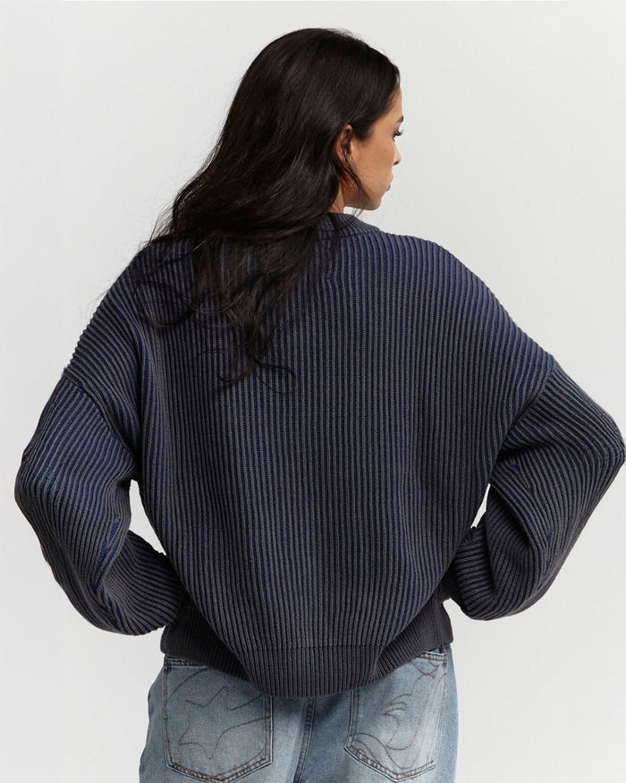 COLD UNIVERSITY KNIT DARK BLUE - dark blue ribbed knit sweater, back view on female model - Cold Culture #woman
