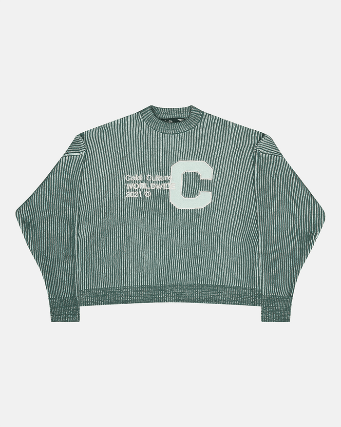 COLD UNIVERSITY KNIT WARM GREEN - green ribbed knit sweater, front view - Cold Culture