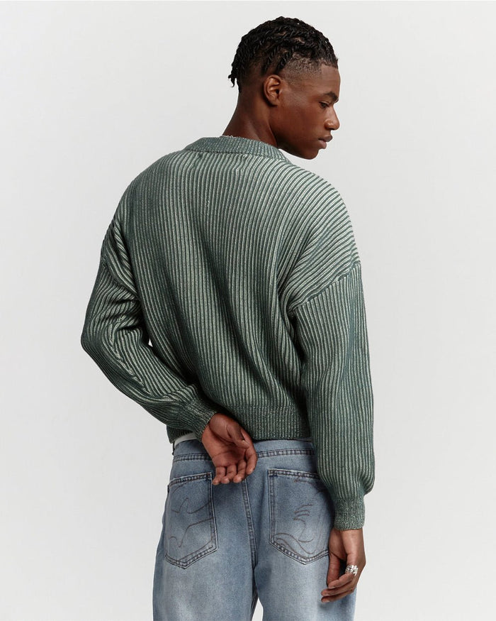 COLD UNIVERSITY KNIT WARM GREEN - green ribbed knit sweater, back view on male model - Cold Culture #man