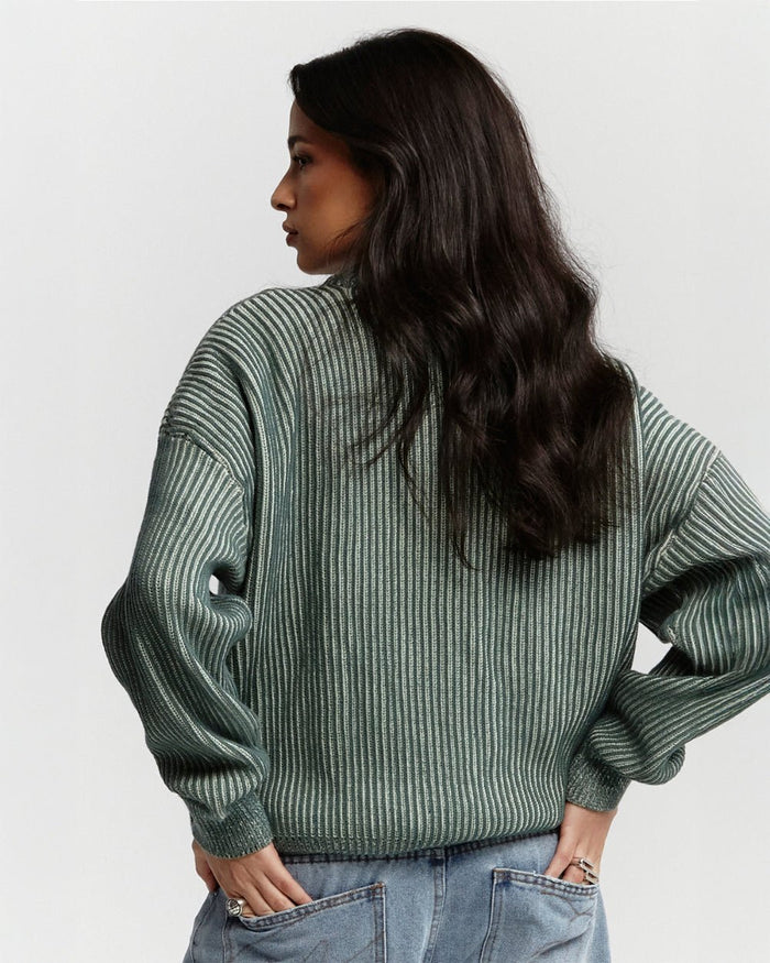 COLD UNIVERSITY KNIT WARM GREEN - green ribbed knit sweater, back view on female model - Cold Culture #woman