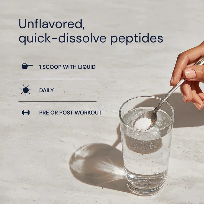 Person adding a scoop of unflavored quick-dissolve peptides into a glass of water.