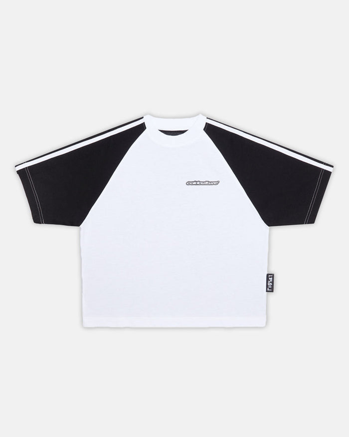 COMBO TEE BLACK - black and white raglan tee, front view - Cold Culture
