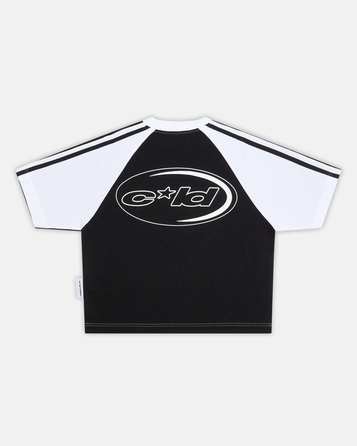 COMBO TEE BLACK - black and white raglan tee, back view - Cold Culture