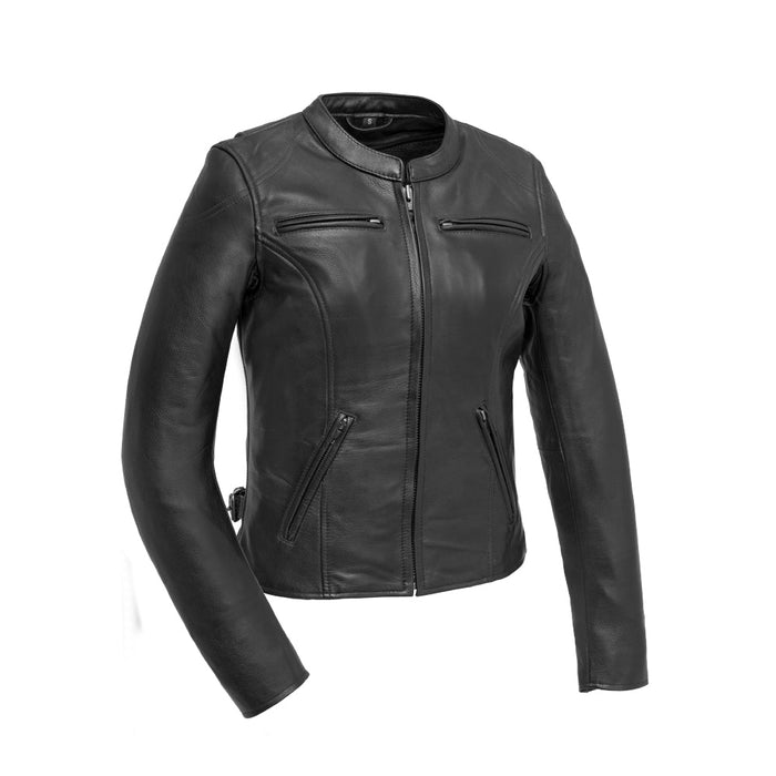 Competition Ladies black leather motorcycle jacket front view