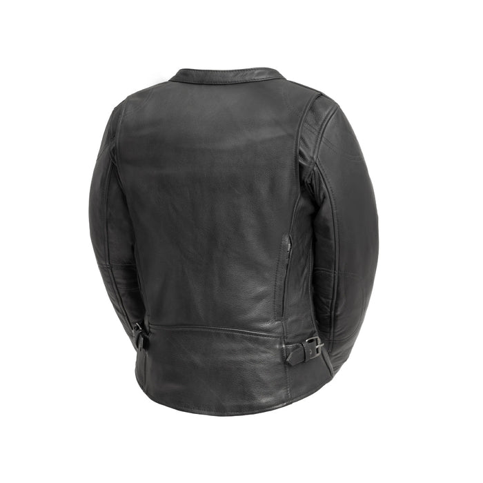 Competition Ladies black leather motorcycle jacket back view with adjustable side tabs