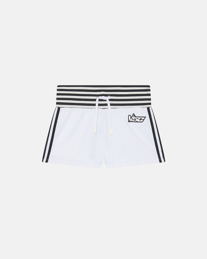 COURT SHORTS WHITE AND BLACK - white and black striped women's shorts, front view - Cold Culture