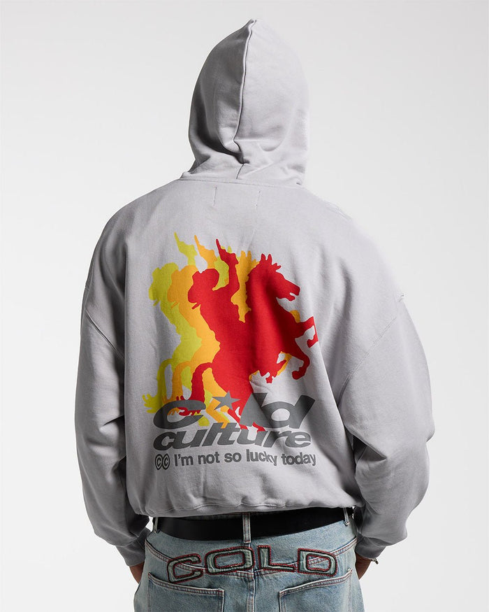 COWBOY HOODIE COOL GREY - grey graphic print hoodie, back view on male model - Cold Culture #man