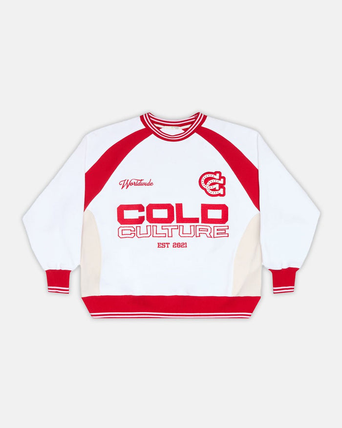COWBOY VARSITY CREWNECK FIERY RED - red and white varsity crewneck, front view - Cold Culture