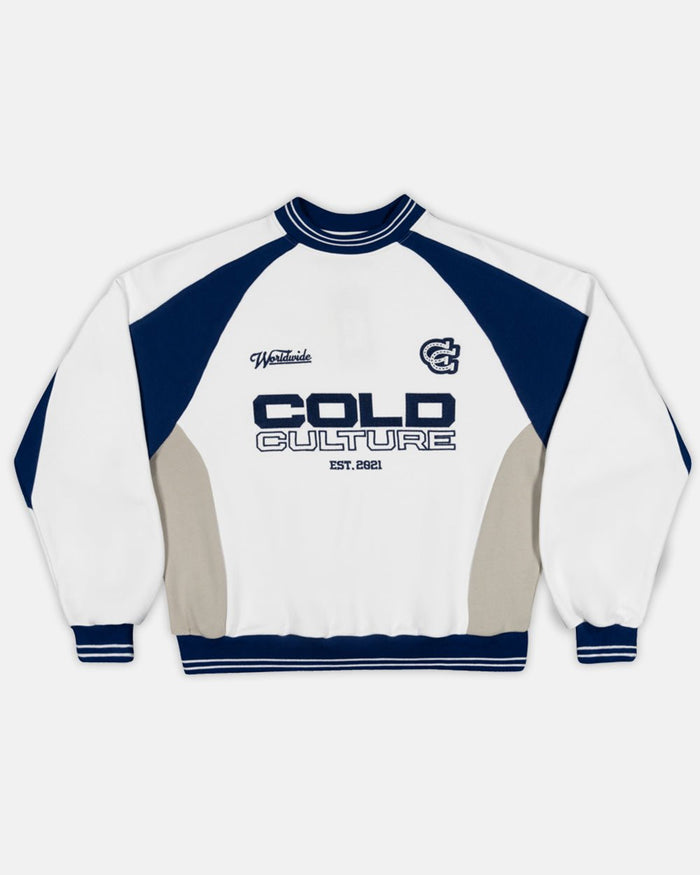 COWBOY VARSITY CREWNECK WHITE/BLUE - white and navy varsity crewneck sweatshirt, front view - Cold Culture