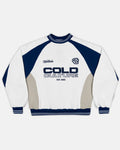 COWBOY VARSITY CREWNECK WHITE/BLUE - white and navy varsity crewneck sweatshirt, front view - Cold Culture