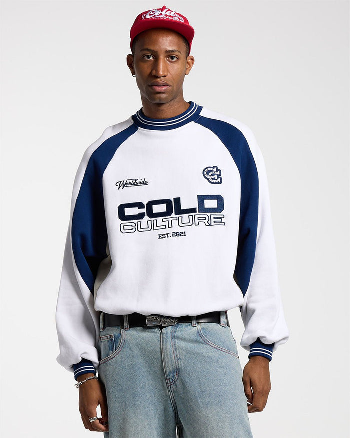 COWBOY VARSITY CREWNECK WHITE/BLUE - white and navy varsity crewneck sweatshirt, front view on male model - Cold Culture #man
