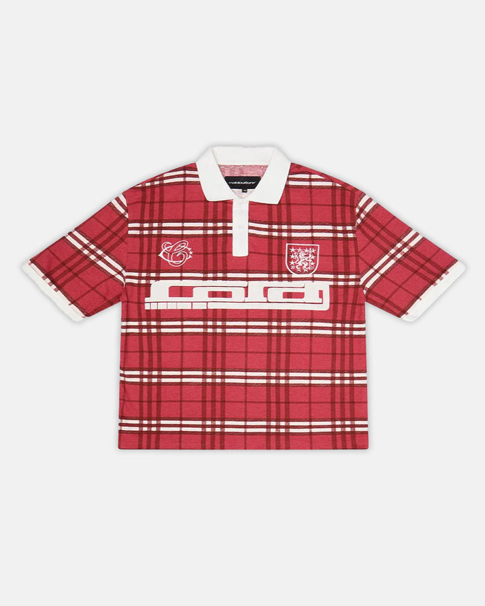 CRIMSON PLAID POLO TEE - red plaid polo shirt, front view - Cold Culture