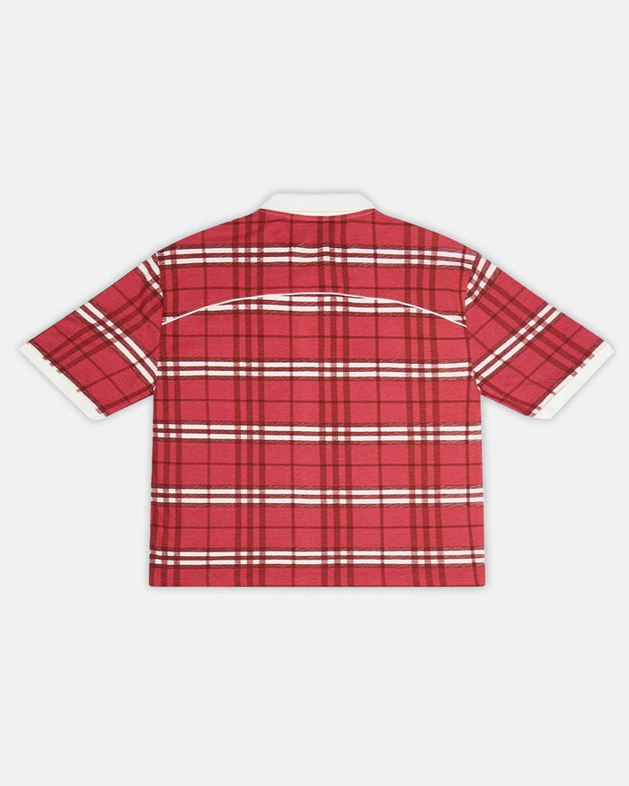 CRIMSON PLAID POLO TEE - red plaid polo shirt, back view - Cold Culture