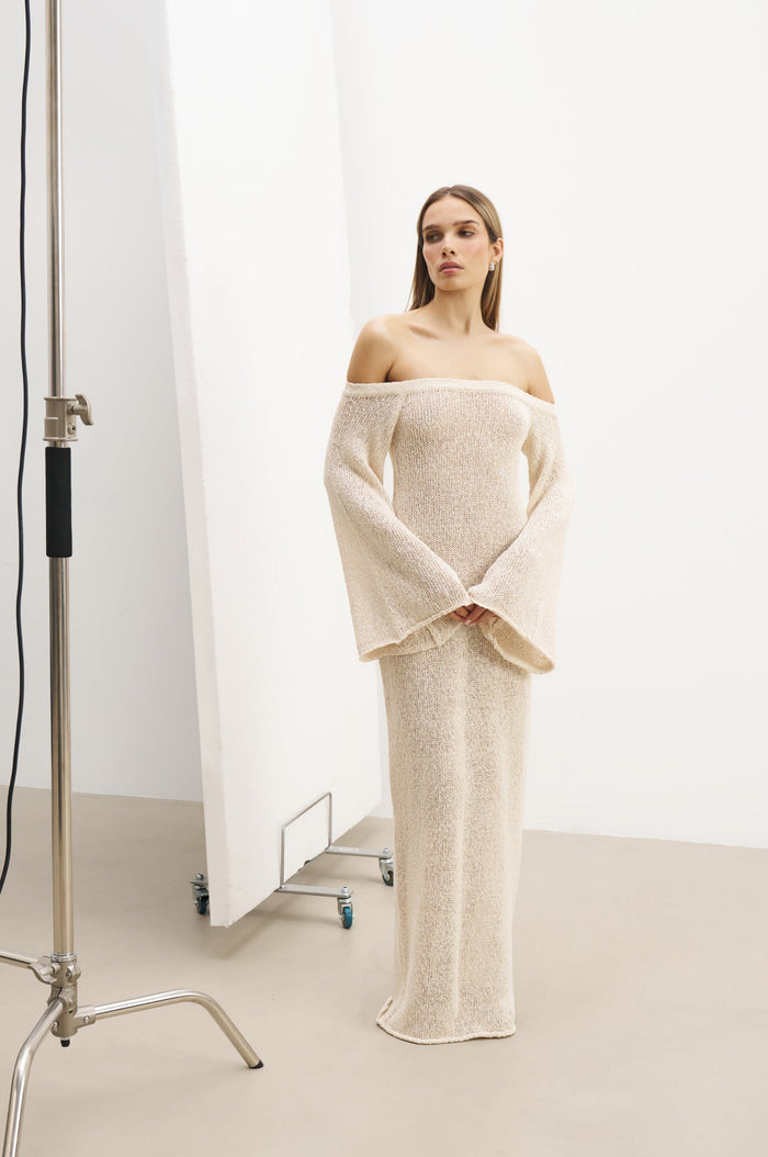 Crochet Knit Off Shoulder Maxi Dress - Cream