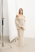 Crochet Knit Off Shoulder Maxi Dress - Cream