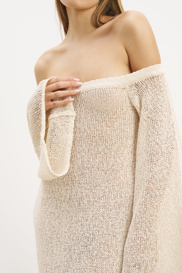 Crochet Knit Off Shoulder Maxi Dress - Cream