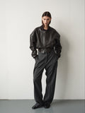 CROPPED BOMBER LEATHER JACKET IN DARK BROWN